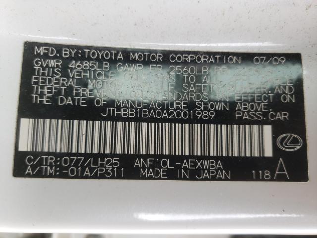 2010 LEXUS HS 250H JTHBB1BA0A2001989