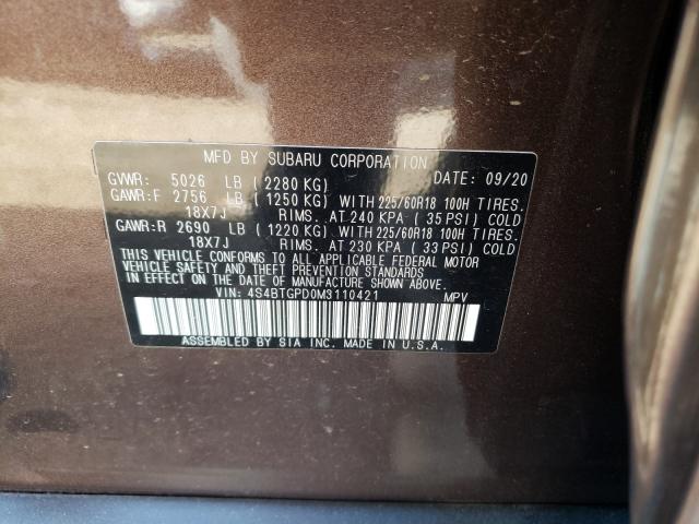 2021 SUBARU OUTBACK TO 4S4BTGPD0M3110421