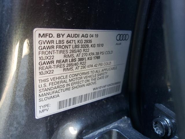 2019 AUDI Q8 PREMIUM WA1EVAF10KD038654
