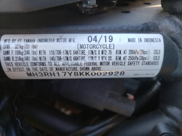 2019 YAMAHA YZFR3 MH3RH17Y8KK002928