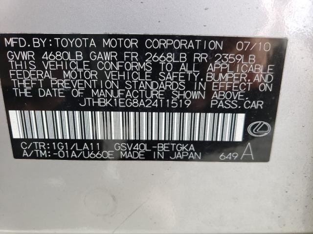 JTHBK1EG8A2411519 Lexus Es 350 2010. Фото: 9