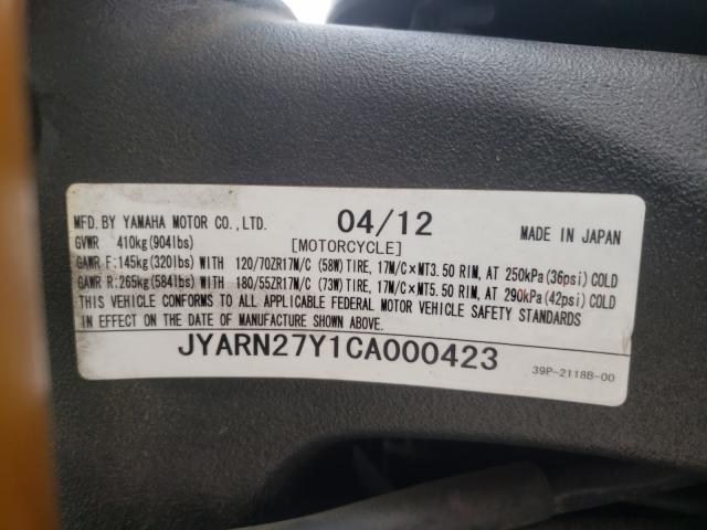 2012 YAMAHA FZ8 NC JYARN27Y1CA000423
