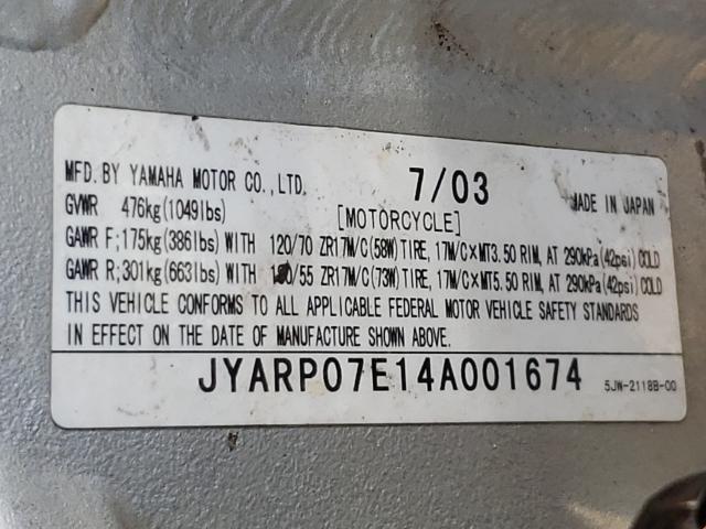 2004 YAMAHA FJR1300 JYARP07E14A001674