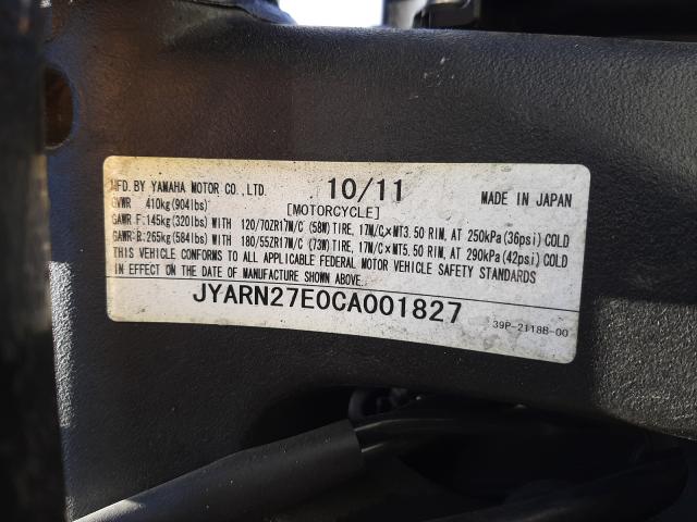 2012 YAMAHA FZ8 N JYARN27E0CA001827