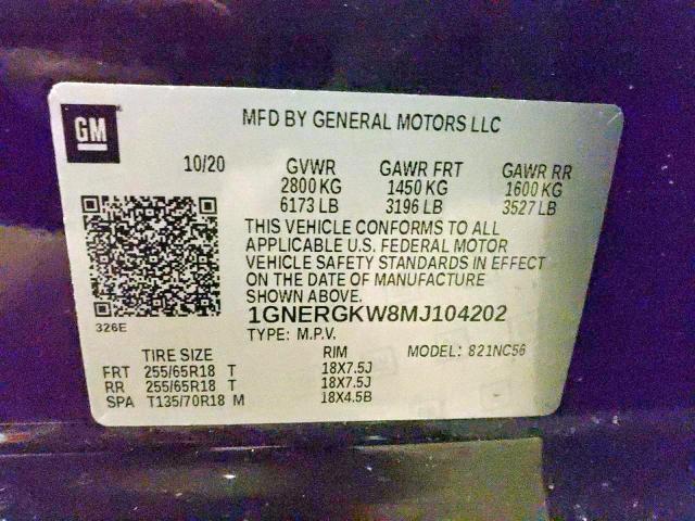 1GNERGKW8MJ104202 Chevrolet Traverse L 2021. Фото: 9