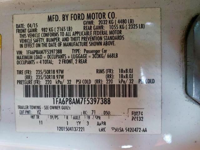 1FA6P8AM7F5397388 Ford Mustang 2015. Фото: 9