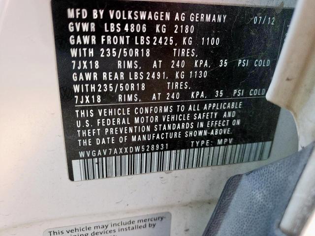 WVGAV7AXXDW528931 Volkswagen Tiguan S 2013. Фото: 9