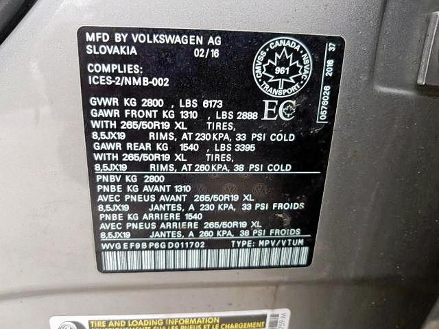 2016 VOLKSWAGEN TOUAREG SP WVGEF9BP6GD011702