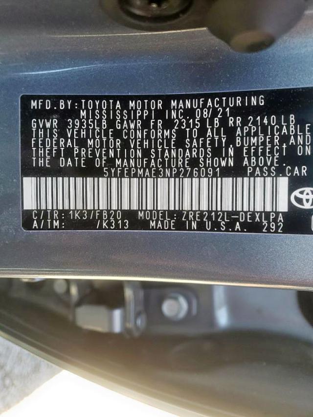 2022 TOYOTA COROLLA LE 5YFEPMAE3NP276091
