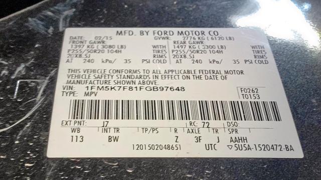 2015 FORD EXPLORER L 1FM5K7F81FGB97648