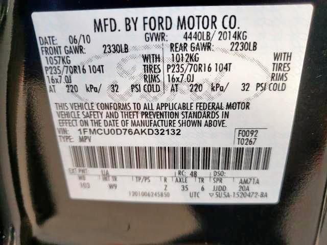 1FMCU0D76AKD32132 Ford Escape Xlt 2010. Фото: 9