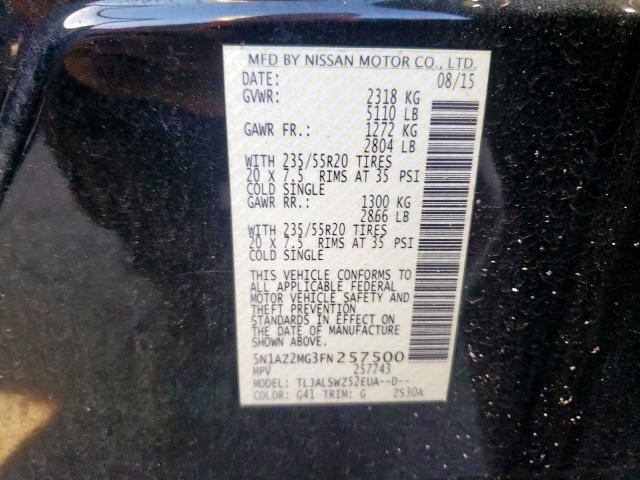 5N1AZ2MG3FN257500 Nissan Murano S 2015. Фото: 9