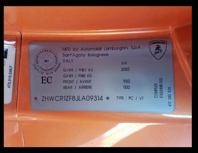 2018 LAMBORGHINI HURACAN ZHWCR1ZF8JLA09314