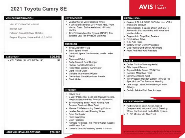 2021 Toyota Camry Se 2.5L(VIN: 4T1G11AKXMU464585