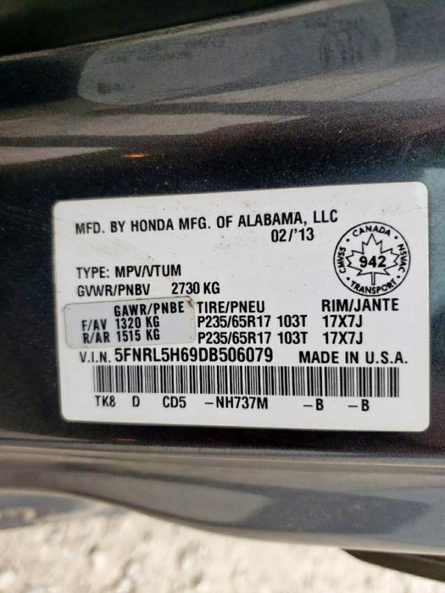 VIN 5FNRL5H69DB506079 2013 HONDA ODYSSEY no.10