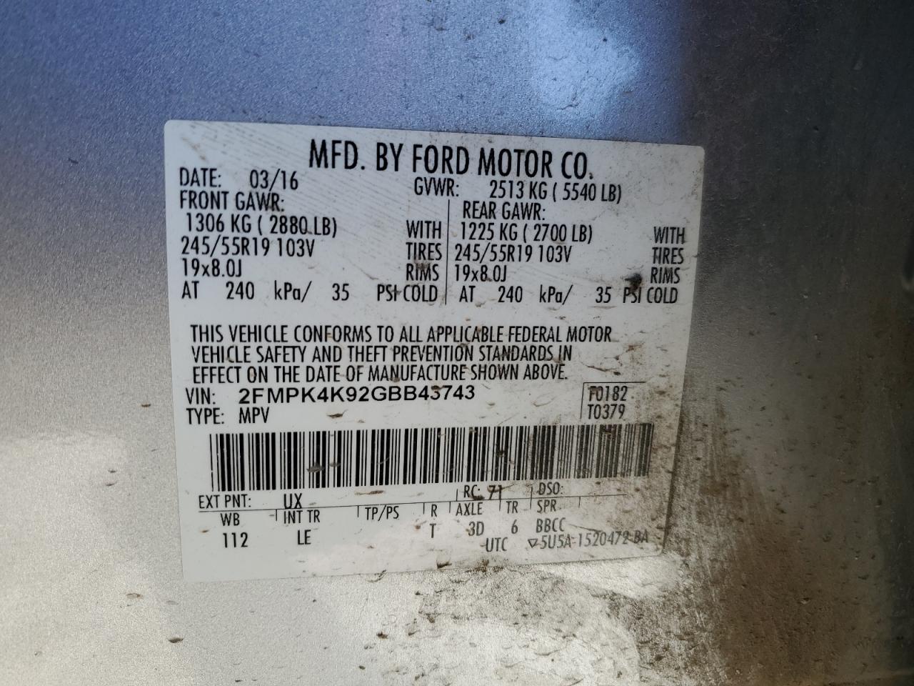 2FMPK4K92GBB43743 FORD EDGE 2016