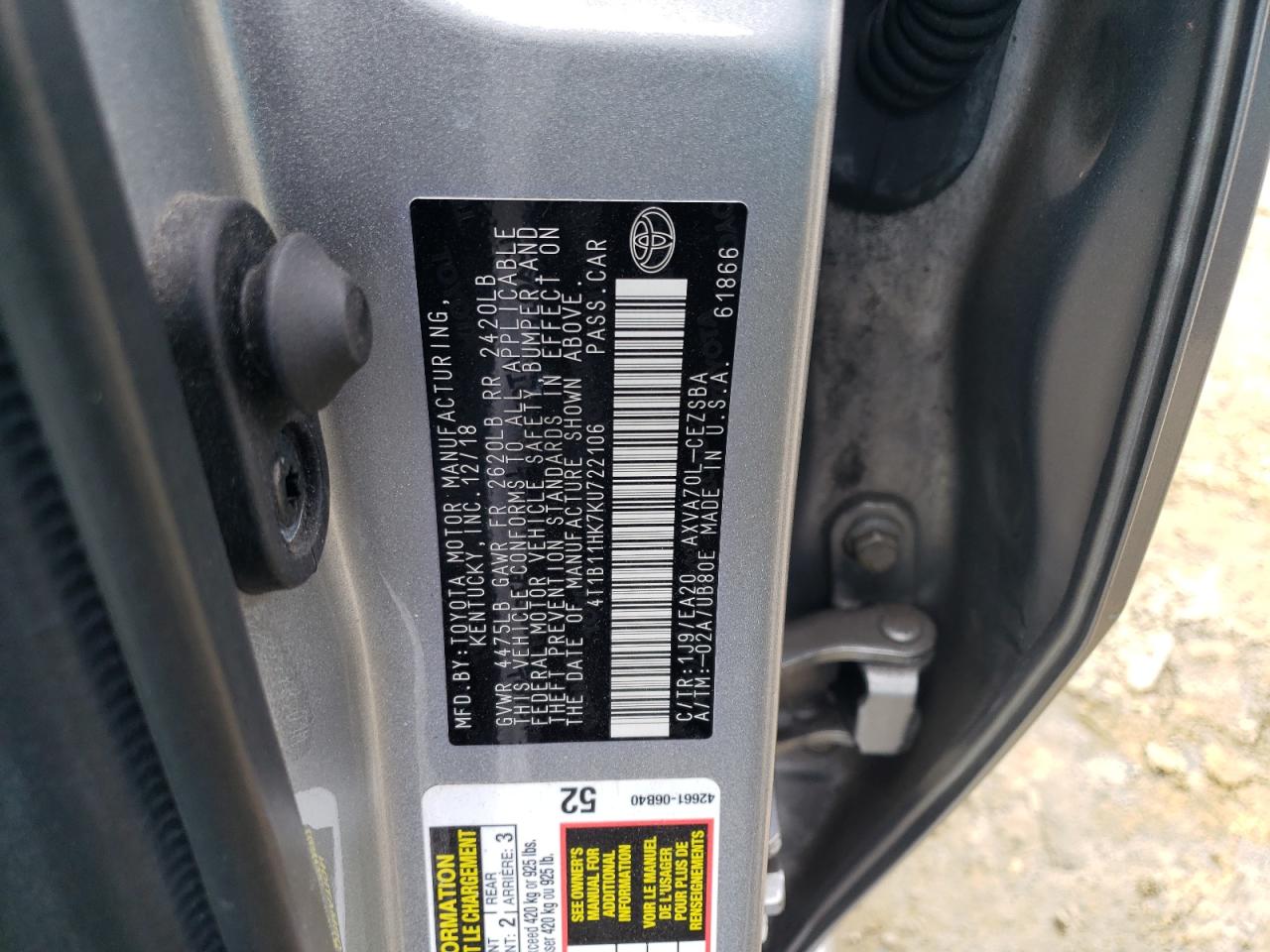 4T1B11HK7KU722106 TOYOTA CAMRY 2019