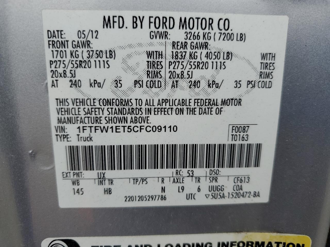 2012 Ford F150 Supercrew VIN: 1FTFW1ET5CFC09110 Lot: 82748993