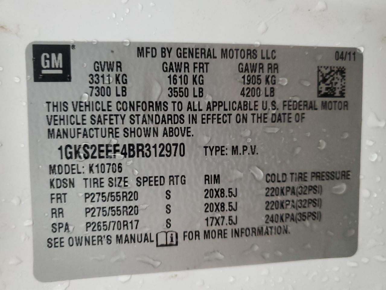 2011 GMC Yukon Denali VIN: 1GKS2EEF4BR312970 Lot: 71128155
