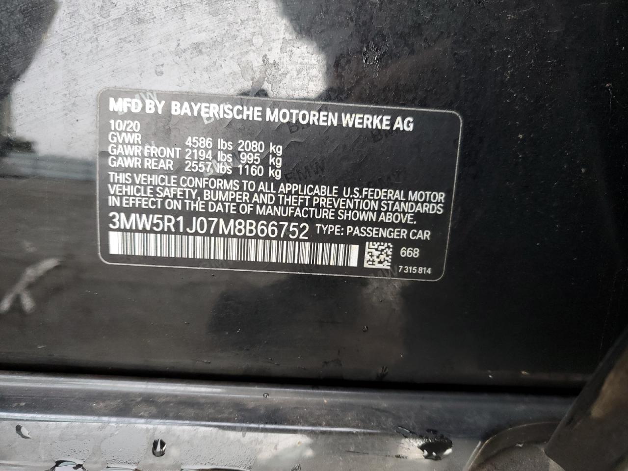 2021 BMW 330I VIN: 3MW5R1J07M8B66752 Lot: 39015024