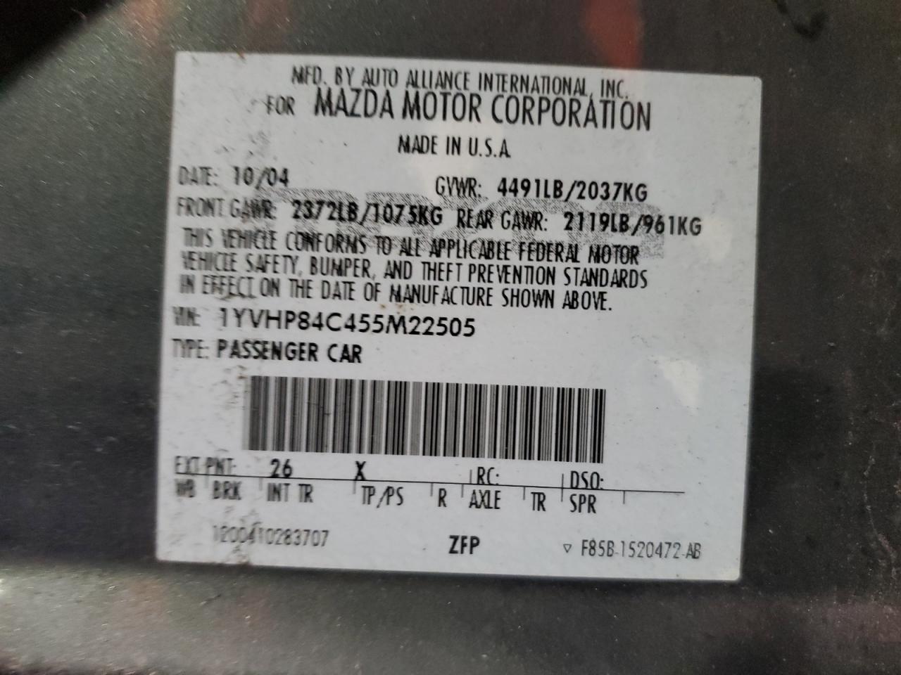 1YVHP84C455M22505 2005 Mazda 6 I