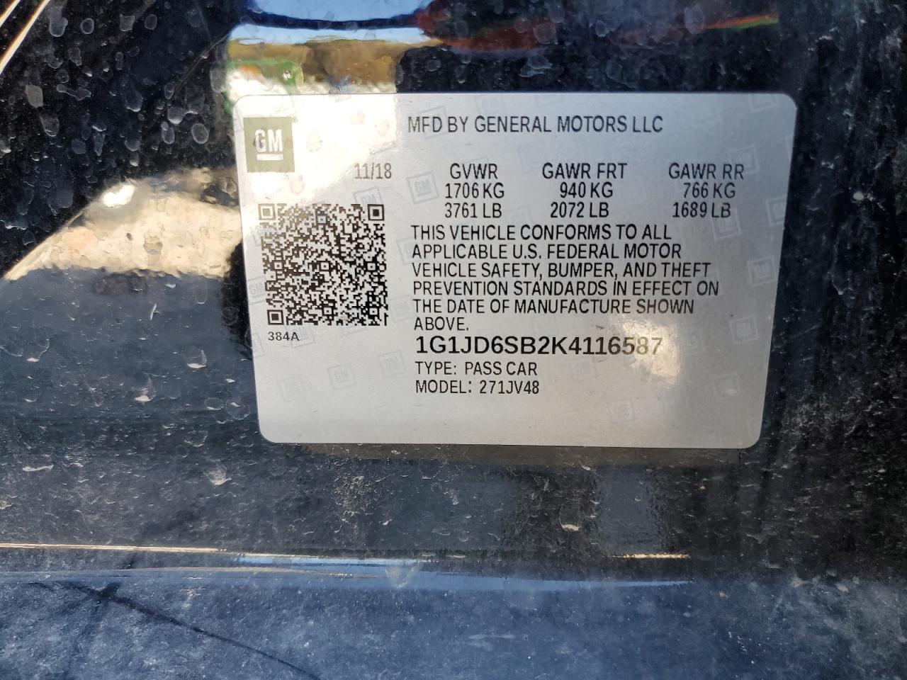 2019 Chevrolet Sonic Lt VIN: 1G1JD6SB2K4116587 Lot: 38640664