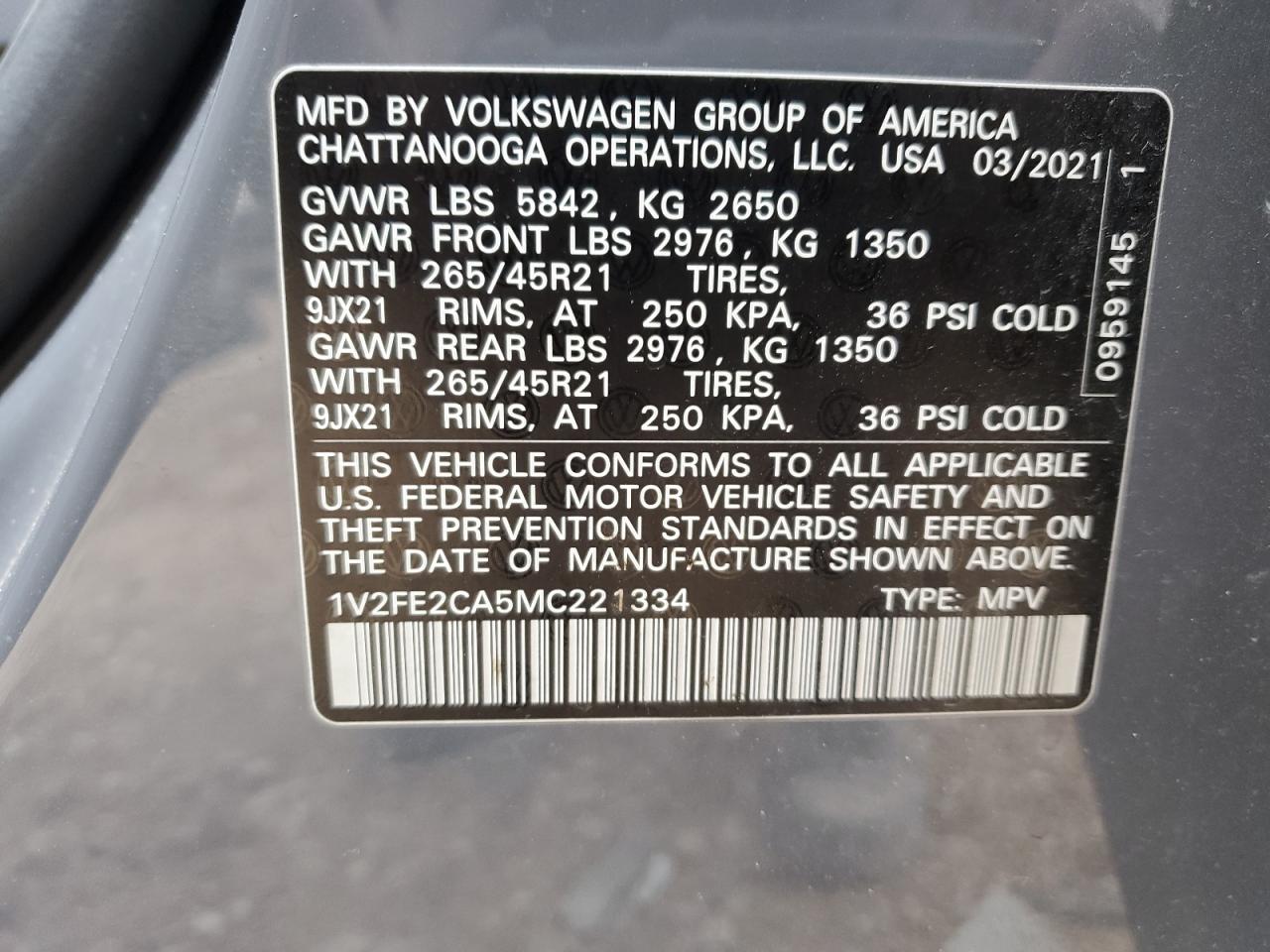 1V2FE2CA5MC221334 2021 VOLKSWAGEN ATLAS - Image 13