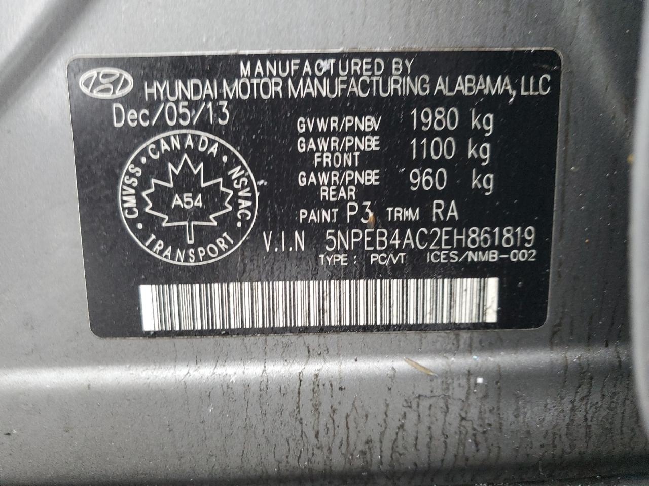 2014 Hyundai Sonata Gls VIN: 5NPEB4AC2EH861819 Lot: 82561443