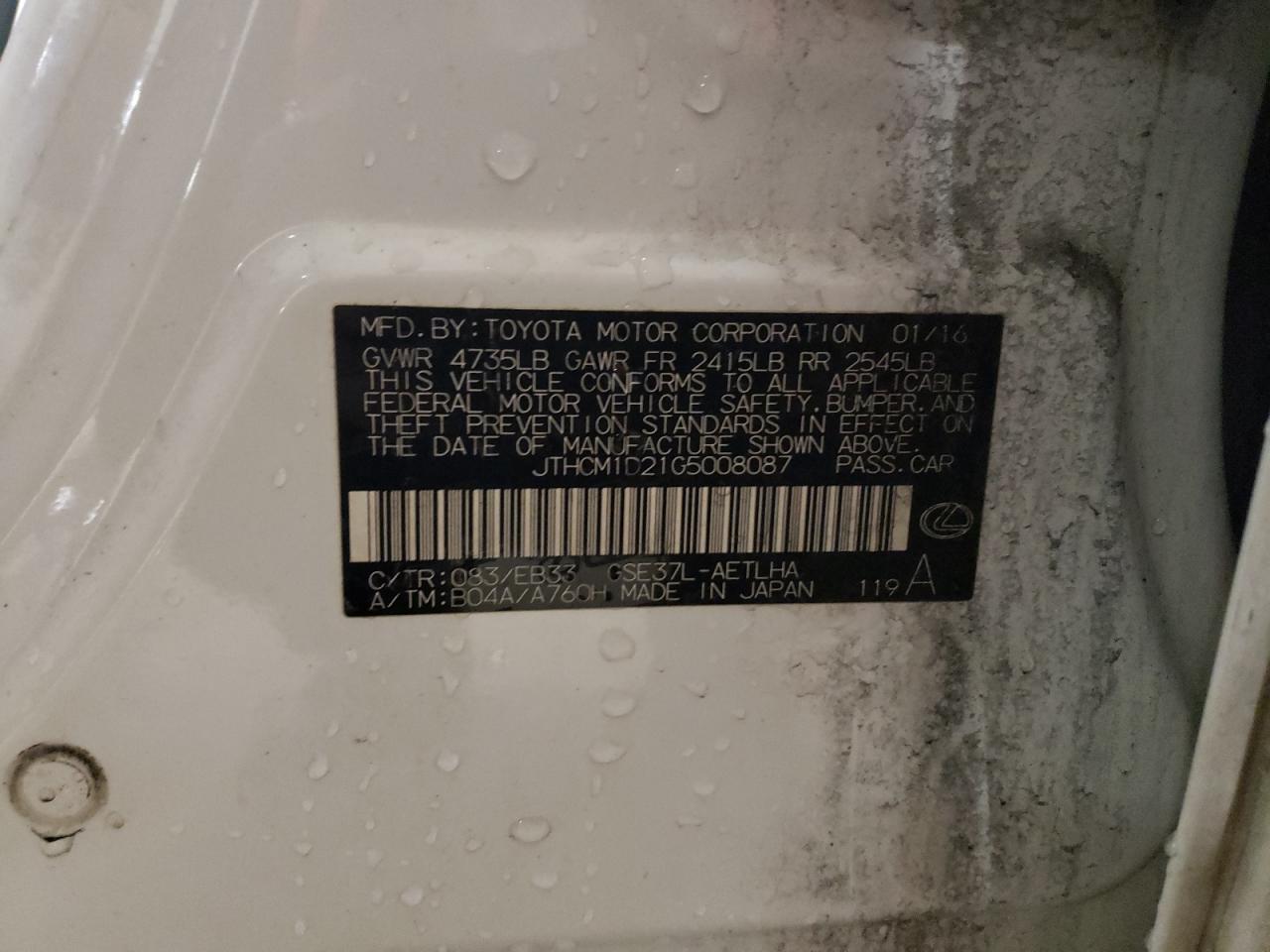 2016 Lexus Is 300 VIN: JTHCM1D21G5008087 Lot: 39081454