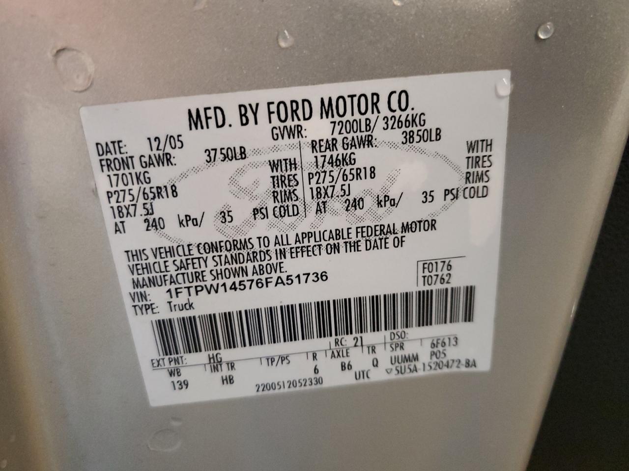 2006 Ford F150 Supercrew VIN: 1FTPW14576FA51736 Lot: 40410054