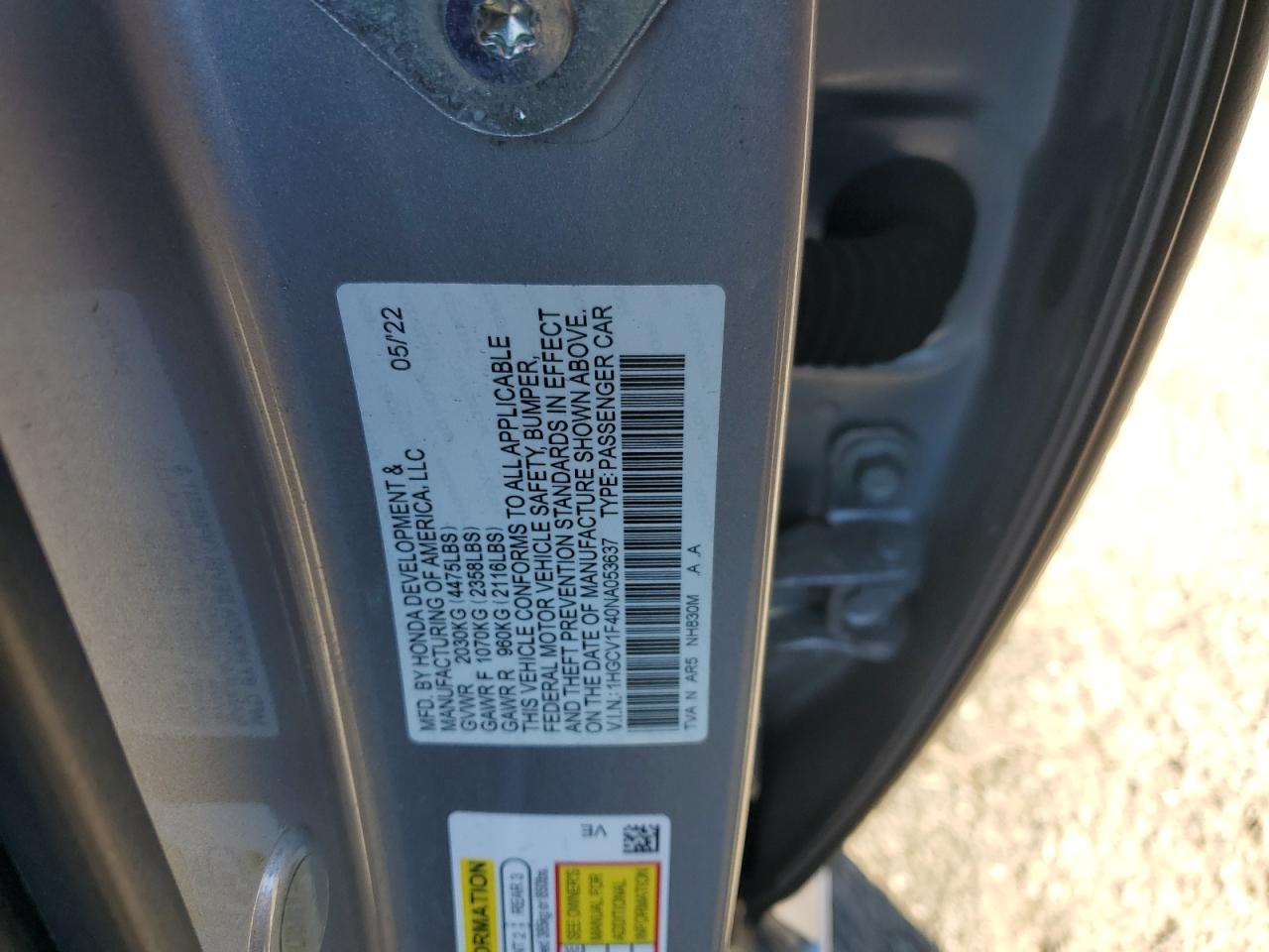 2022 Honda Accord Sport Se VIN: 1HGCV1F40NA053637 Lot: 39572934