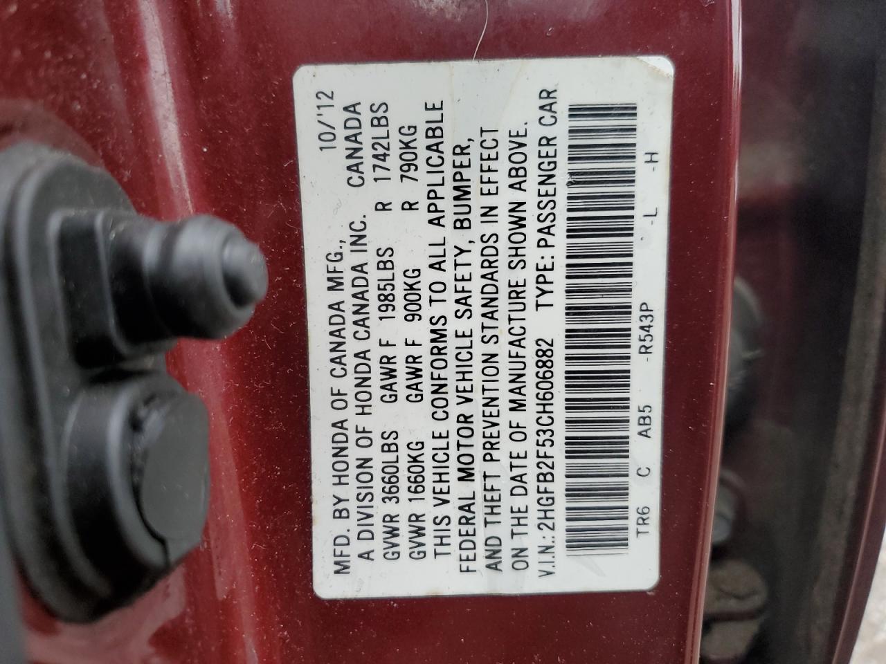 2HGFB2F53CH606882 2012 Honda Civic Lx