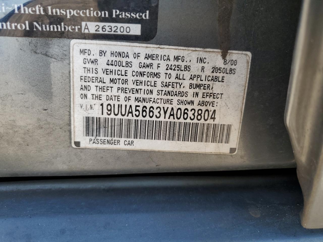 2000 Acura 3.2Tl VIN: 19UUA5663YA063804 Lot: 56239165
