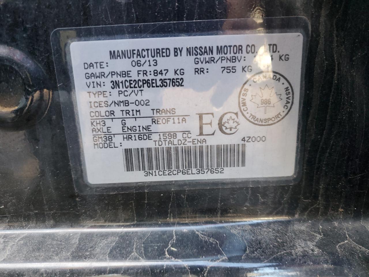 3N1CE2CP6EL357652 2014 Nissan Versa Note S