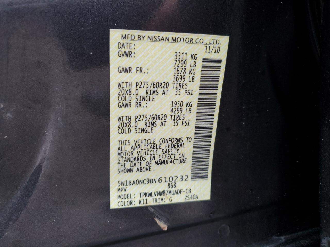 2011 Nissan Armada Sv VIN: 5N1BA0NC9BN610232 Lot: 74103584