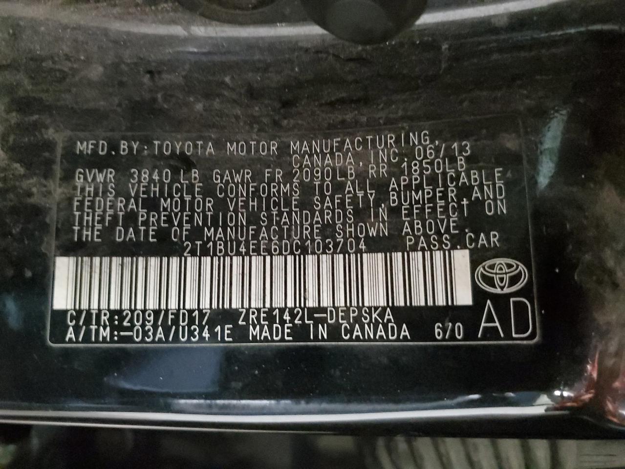 2T1BU4EE6DC103704 2013 Toyota Corolla Base