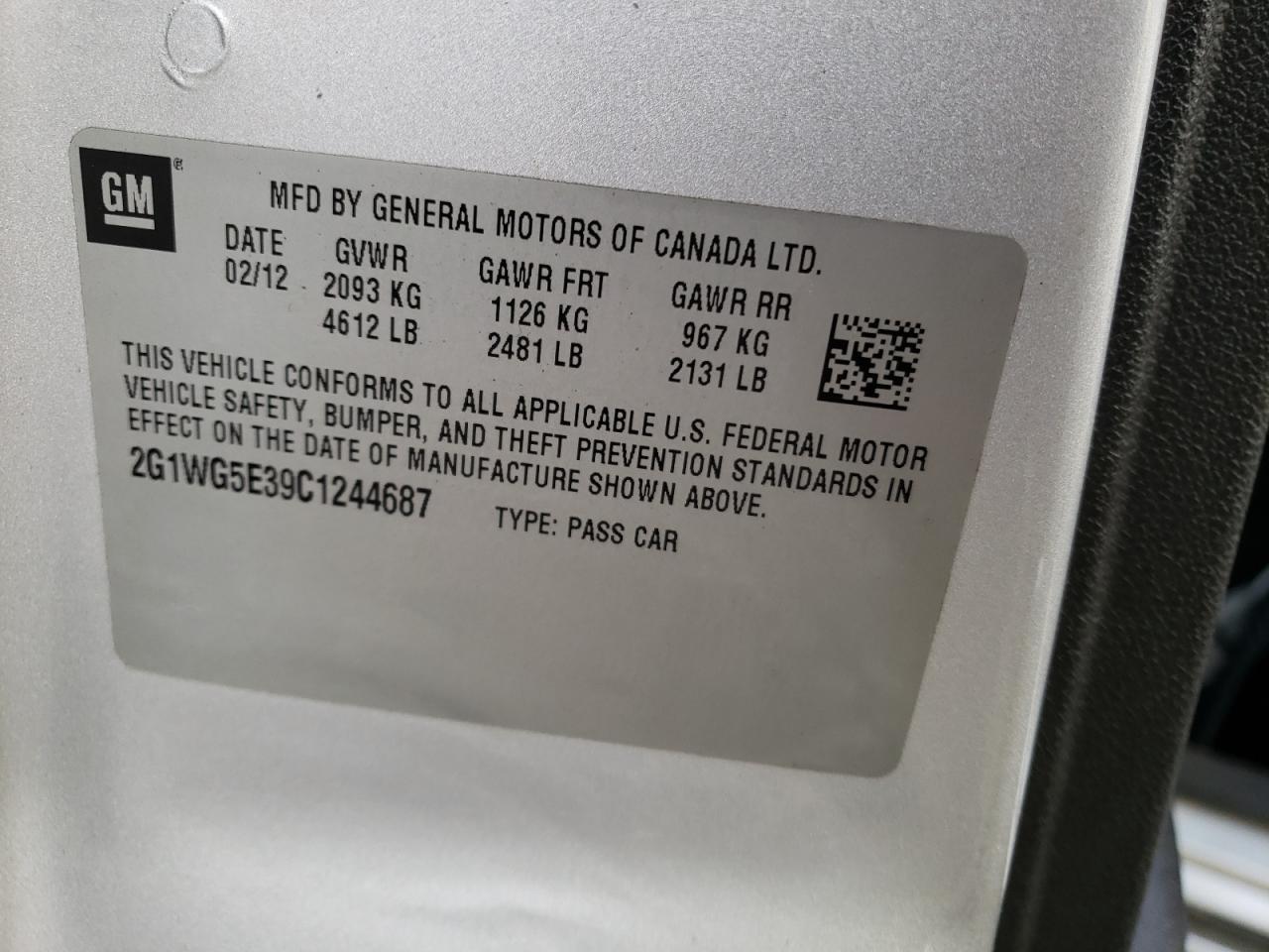 2012 Chevrolet Impala Lt VIN: 2G1WG5E39C1244687 Lot: 59900274