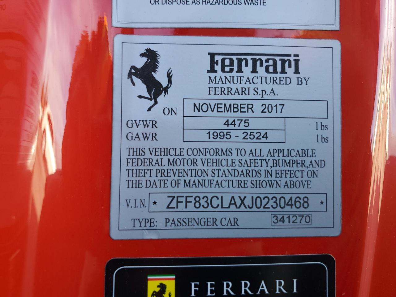 VIN ZFF83CLAXJ0230468 2018 FERRARI 812 no.12