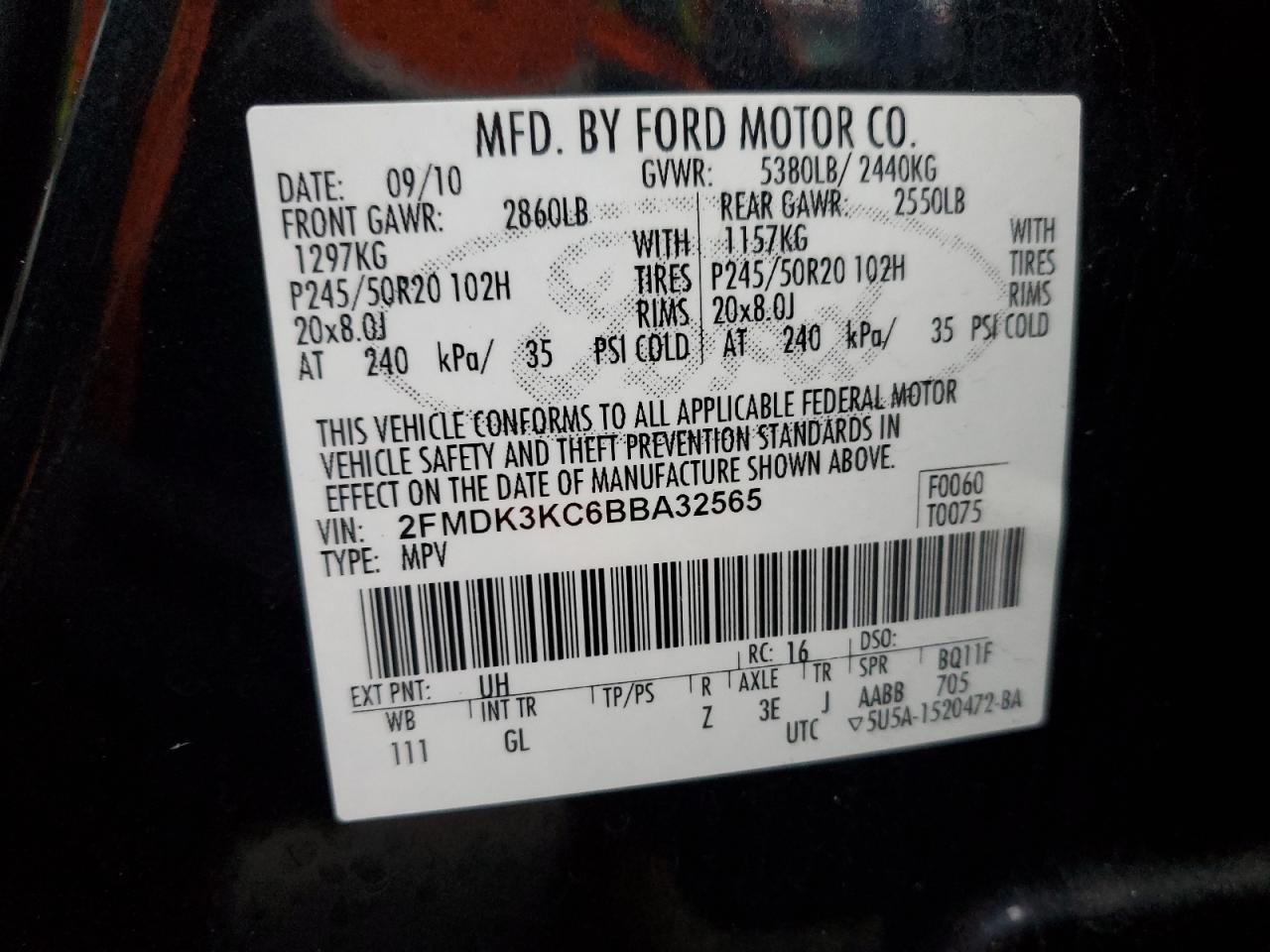 2011 Ford Edge Limited VIN: 2FMDK3KC6BBA32565 Lot: 37452904