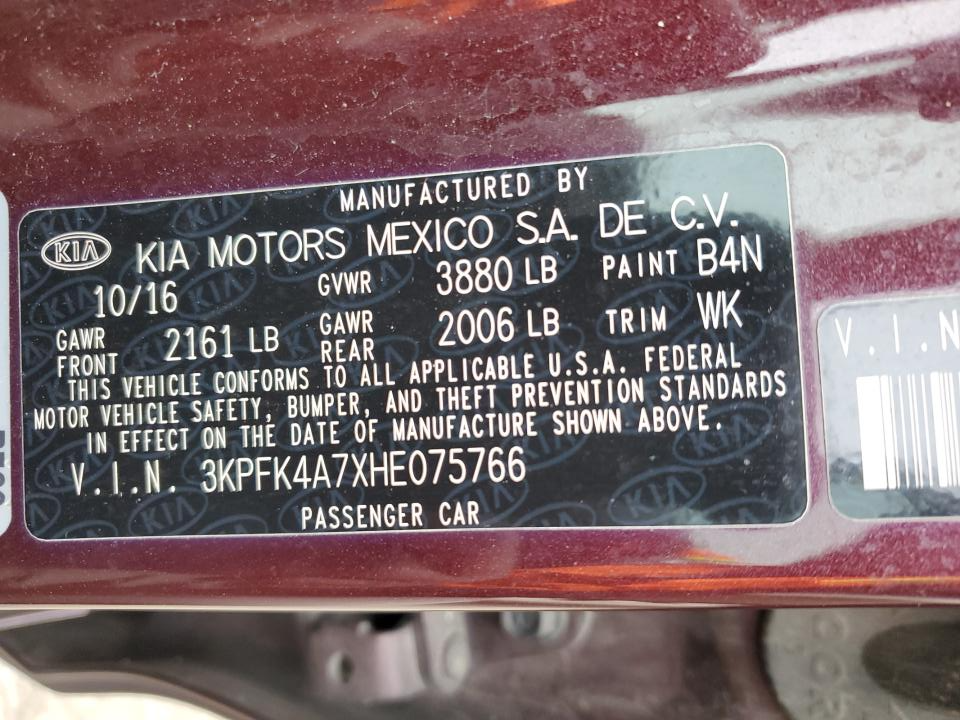 3KPFK4A7XHE075766 2017 Kia Forte Lx