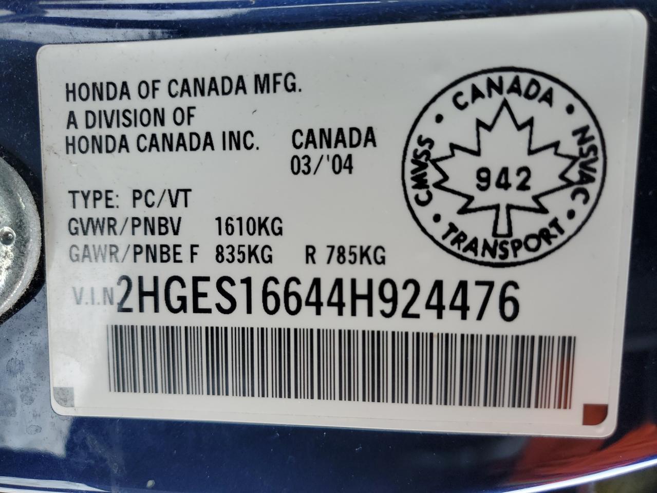 2HGES16644H924476 2004 Honda Civic Lx
