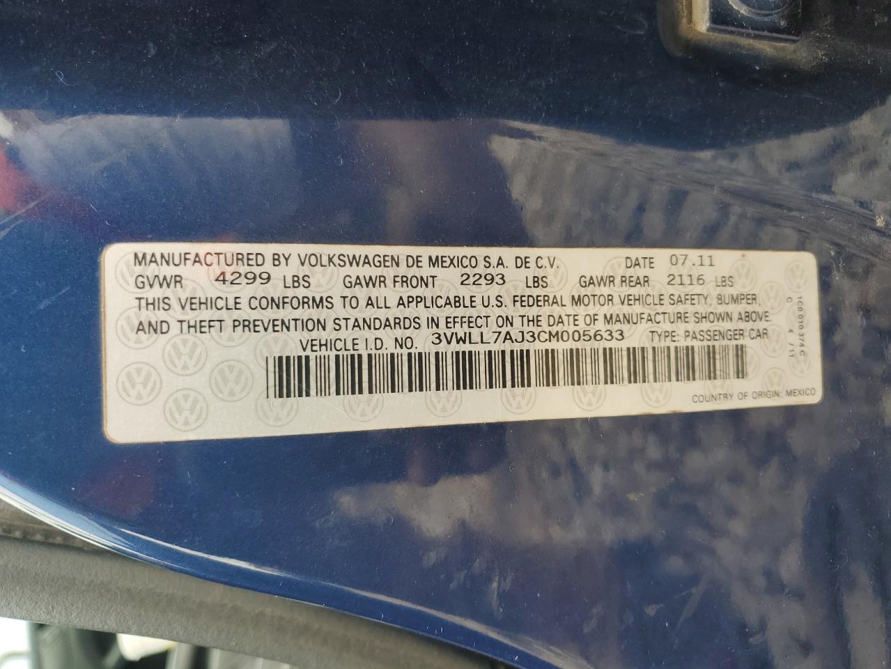 2012 Volkswagen Jetta Tdi VIN: 3VWLL7AJ3CM005633 Lot: 89111535