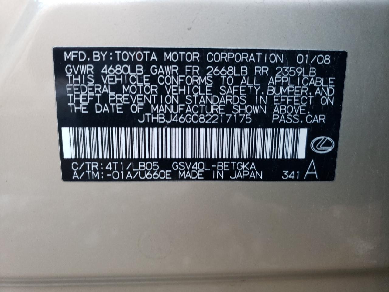 JTHBJ46G082217175 2008 Lexus Es 350