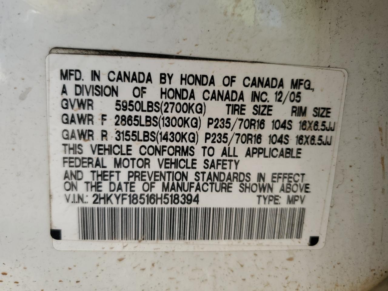 2006 Honda Pilot Ex VIN: 2HKYF18516H518394 Lot: 82338713