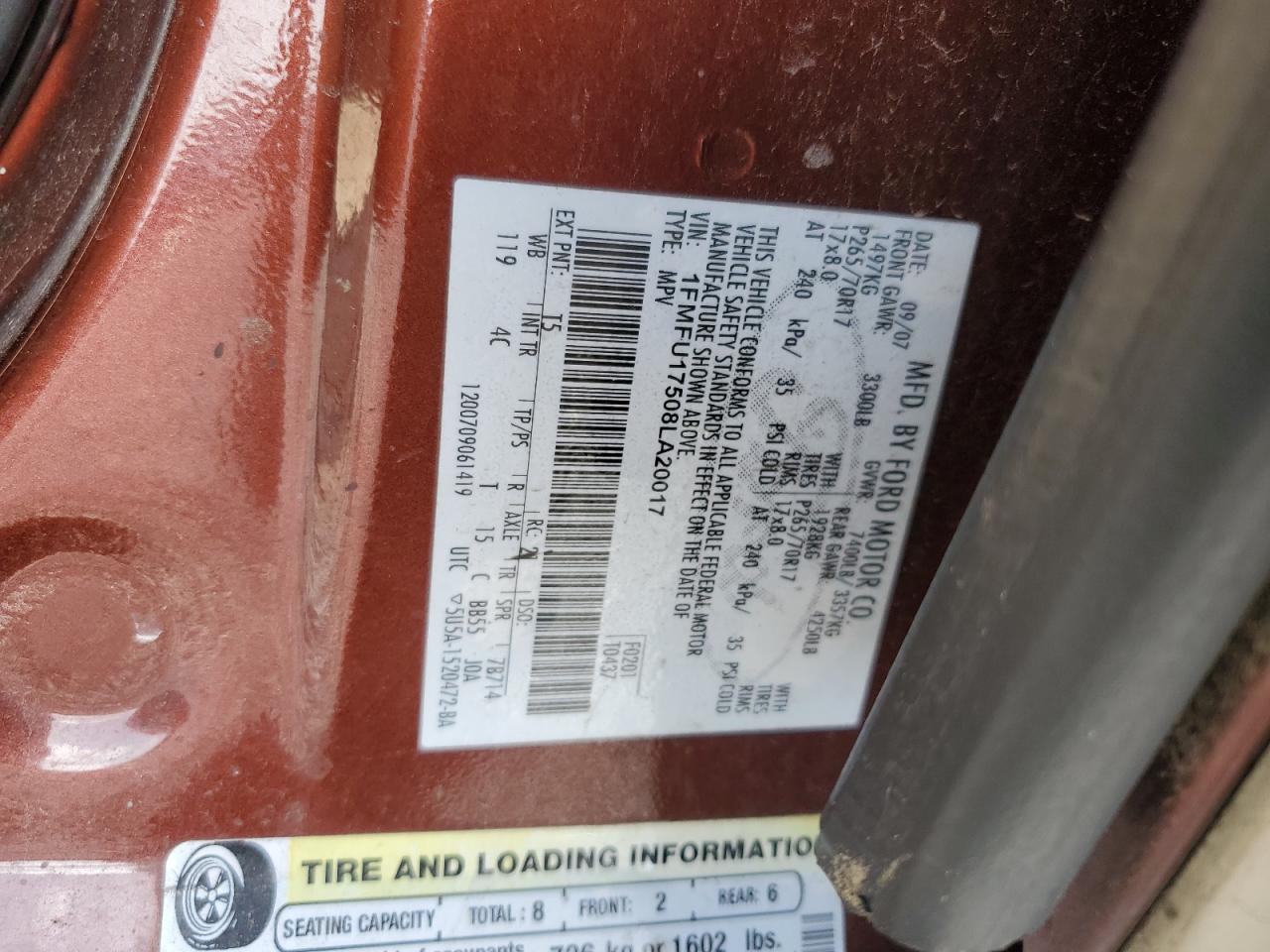 2008 Ford Expedition Eddie Bauer VIN: 1FMFU17508LA20017 Lot: 37848364