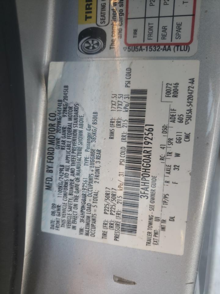 2010 Ford Fusion Se VIN: 3FAHP0HG0AR192561 Lot: 37938474