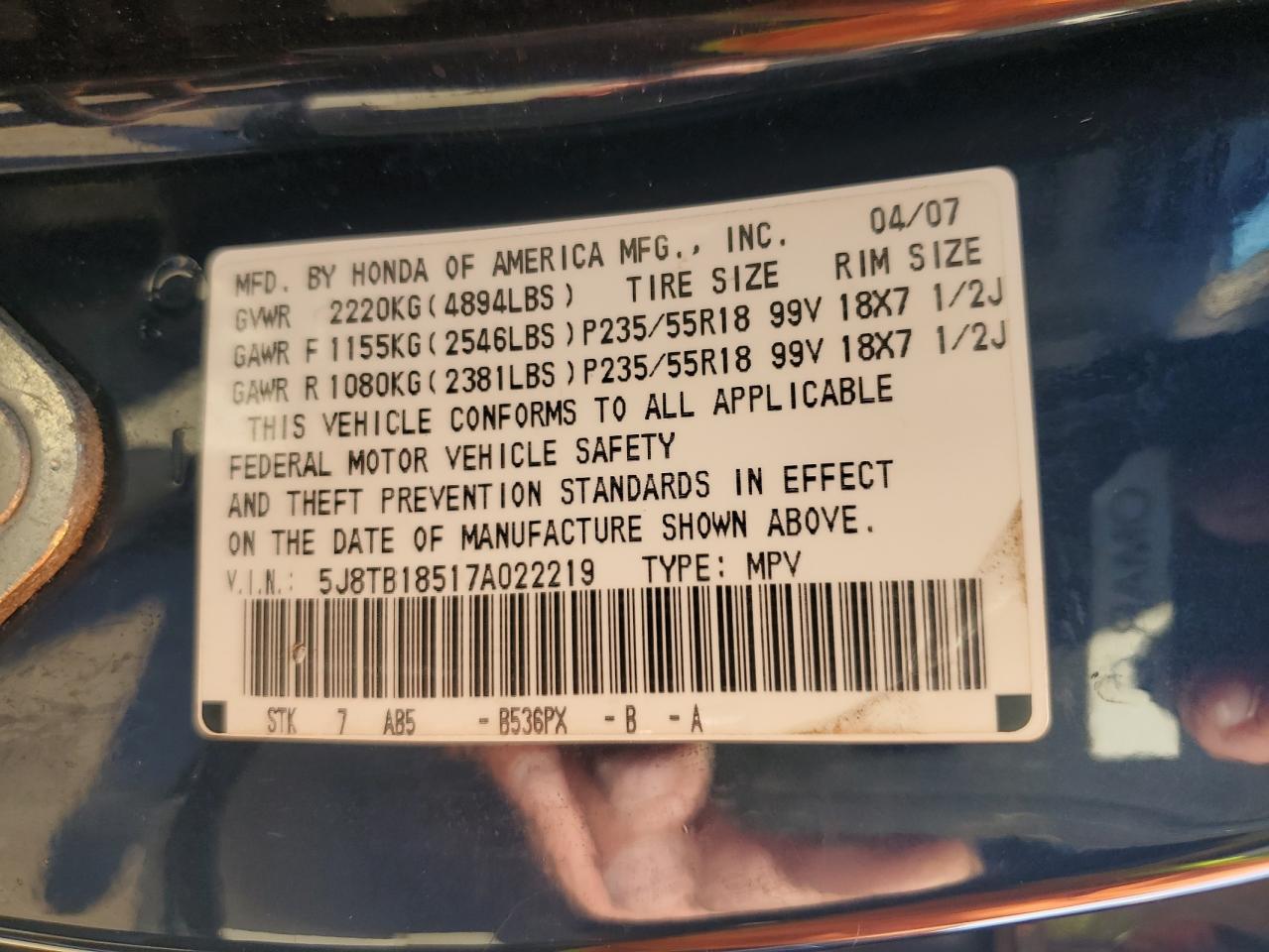 2007 Acura Rdx Technology VIN: 5J8TB18517A022219 Lot: 76575564