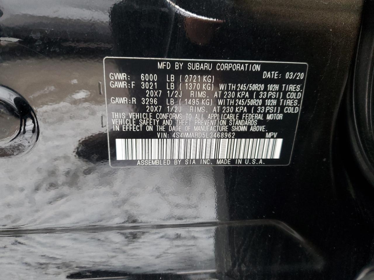 4S4WMARD5L3468962 2020 Subaru Ascent Touring