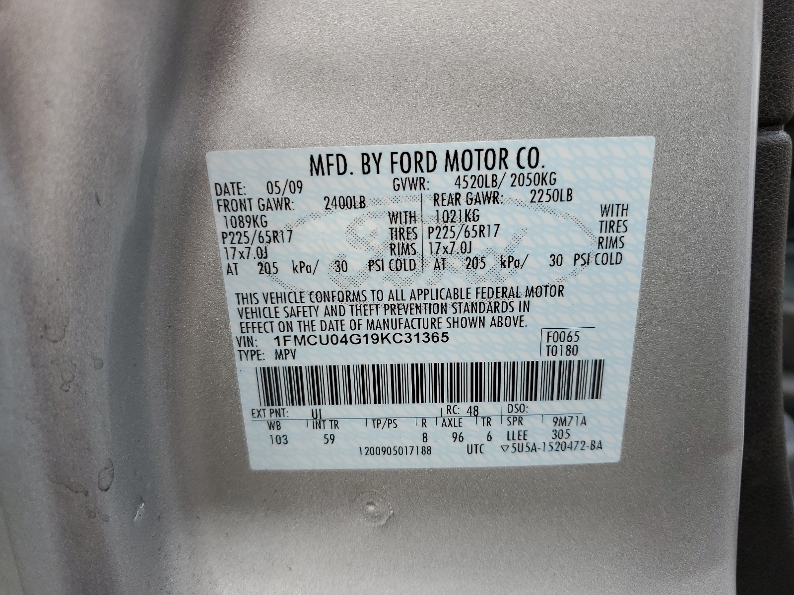 1FMCU04G19KC31365 2009 Ford Escape Limited