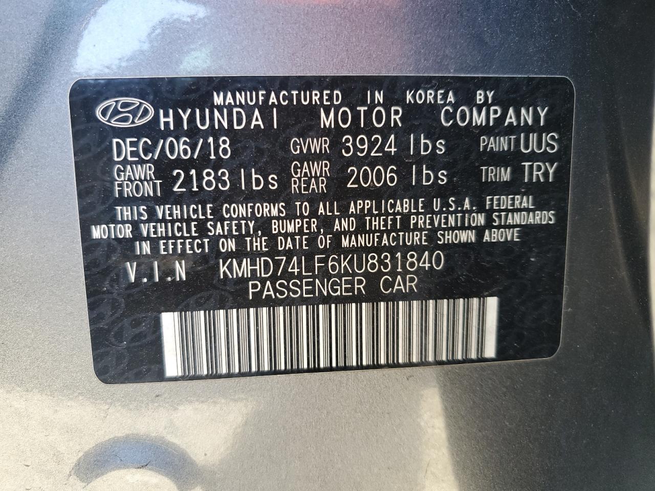 2019 Hyundai Elantra Se VIN: KMHD74LF6KU831840 Lot: 39309654